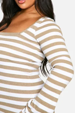 Bodycon Dresses*boohoo Plus Basic Rib Stripe Square Neck Maxi neutral