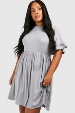 Smock Dresses*boohoo Plus Basic Ruffle Sleeve Rib Smock Dress grey