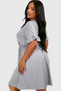 Smock Dresses*boohoo Plus Basic Ruffle Sleeve Rib Smock Dress grey