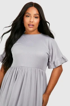 Smock Dresses*boohoo Plus Basic Ruffle Sleeve Rib Smock Dress grey