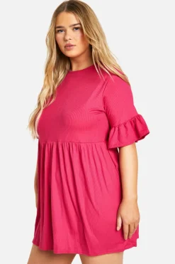 Smock Dresses*boohoo Plus Basic Ruffle Sleeve Rib Smock Dress hot pink