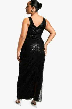 Maxi Dresses*boohoo Plus Beaded Sequin Plunge Maxi Dress black