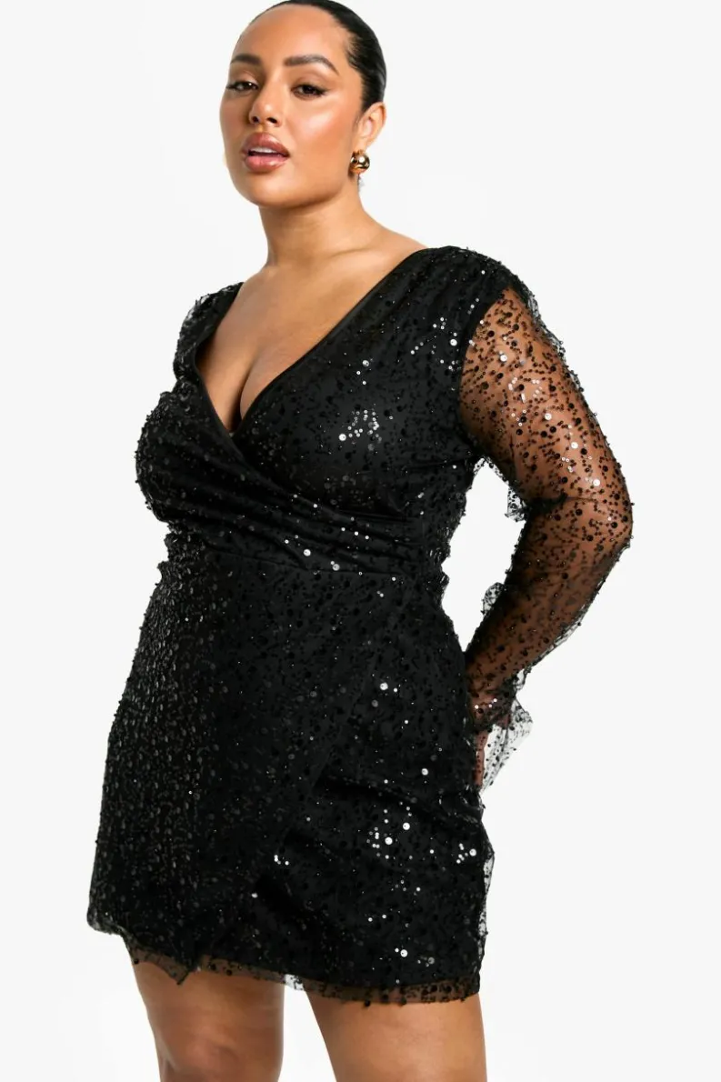 Wrap Dresses*boohoo Plus Beaded Sequin Wrap Dress black