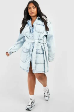 Shirt Dresses|Mini Dresses*boohoo Plus Belted Denim Shirt Dress acid wash light blue