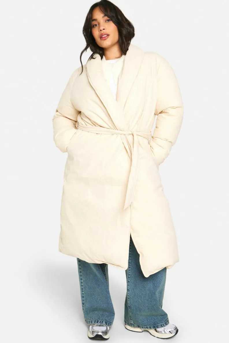 Up To 80% Off Winter Warmers|Puffer Jackets*boohoo Plus Belted Duvet Puffer Coat cream