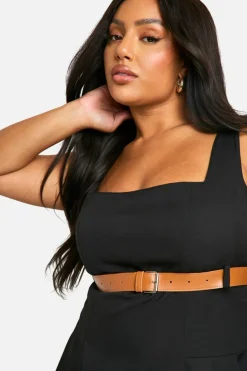 Skater Dresses*boohoo Plus Belted Square Neck Buckle Mini Dress black