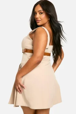 Skater Dresses*boohoo Plus Belted Square Neck Buckle Mini Dress stone