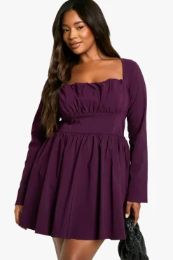 Skater Dresses|Mini Dresses*boohoo Plus Bengaline Corset Long Sleeve Skater Dress plum