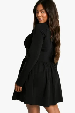 Skater Dresses|Mini Dresses*boohoo Plus Bengaline Corset Long Sleeve Skater Dress black