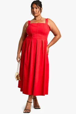 Skater Dresses*boohoo Plus Bengaline Corset Skater Midaxi Dress red