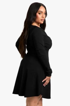 Skater Dresses|Long Sleeve Dresses*boohoo Plus Bengaline Hook & Eye Skater Dress black