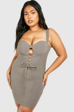 Bodycon Dresses*boohoo Plus Bengaline Lace Up Bodycon Dress taupe