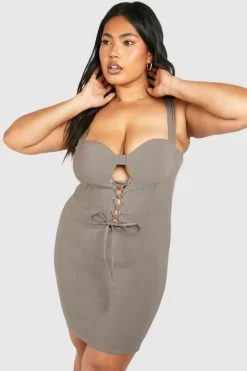 Bodycon Dresses*boohoo Plus Bengaline Lace Up Bodycon Dress taupe