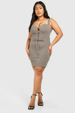 Bodycon Dresses*boohoo Plus Bengaline Lace Up Bodycon Dress taupe