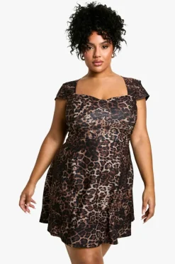Skater Dresses*boohoo Plus Bengaline Cap Sleeve Skater Dress leopard