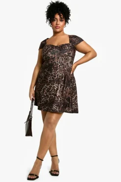 Skater Dresses*boohoo Plus Bengaline Cap Sleeve Skater Dress leopard