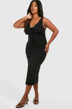 Midi Dresses*boohoo Plus Bengaline Milkmaid Corset Midi Dress black