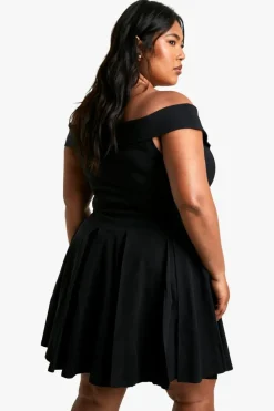 Skater Dresses*boohoo Plus Bengaline Off Shoulder Pleated Skater Dress black