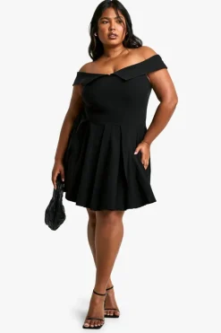 Skater Dresses*boohoo Plus Bengaline Off Shoulder Pleated Skater Dress black