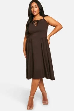 Smock Dresses*boohoo Plus Bengaline Tie Milkmaid Dress chocolate