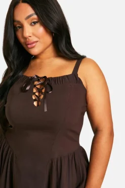 Smock Dresses*boohoo Plus Bengaline Tie Milkmaid Dress chocolate