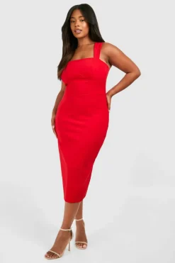 Midi Dresses*boohoo Plus Bengaline Wide Strap Corset Midi Dress red