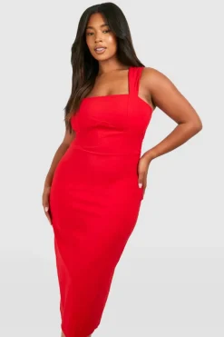Midi Dresses*boohoo Plus Bengaline Wide Strap Corset Midi Dress red