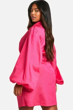 Wrap Dresses*boohoo Plus Blouson Sleeve Wrap Dress hot pink