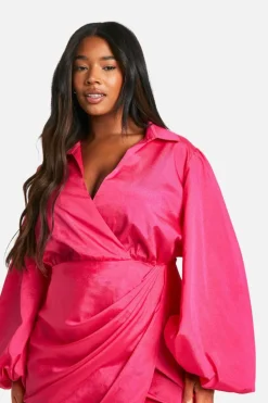 Wrap Dresses*boohoo Plus Blouson Sleeve Wrap Dress hot pink