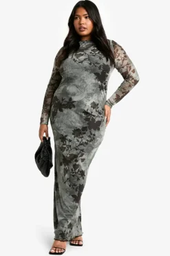 Bodycon Dresses*boohoo Plus Blue Floral Mesh Low Back Maxi Dress green