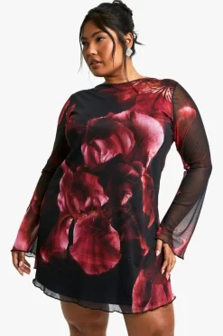 Mini Dresses|Long Sleeve Dresses*boohoo Plus Blur Floral Mesh Flare Sleeve Mini Dress plum