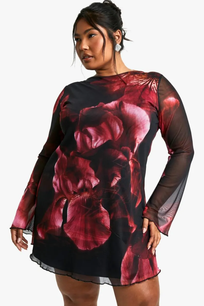 Mini Dresses|Long Sleeve Dresses*boohoo Plus Blur Floral Mesh Flare Sleeve Mini Dress plum