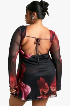 Mini Dresses|Long Sleeve Dresses*boohoo Plus Blur Floral Mesh Flare Sleeve Mini Dress plum