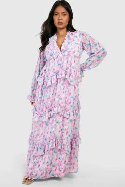 Smock Dresses*boohoo Plus Blurred Floral Ruffle Maxi Dress pink