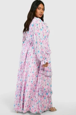 Smock Dresses*boohoo Plus Blurred Floral Ruffle Maxi Dress pink