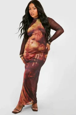 Bodycon Dresses*boohoo Plus Body Print Mesh Long Sleeve Maxi Dress brown