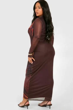 Bodycon Dresses*boohoo Plus Body Print Mesh Long Sleeve Maxi Dress brown