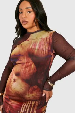 Bodycon Dresses*boohoo Plus Body Print Mesh Long Sleeve Maxi Dress brown