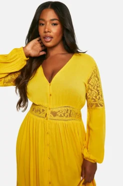 Smock Dresses*boohoo Plus Boho Lace Insert Maxi Dress ochre