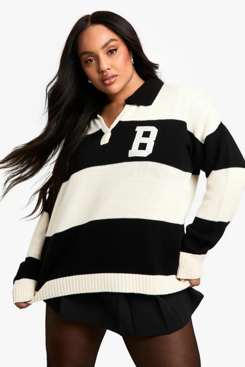 Jumpers|Jumpers & Cardigans*boohoo Plus Bold Stripe Varsity Polo Collar Jumper cream
