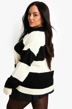 Jumpers|Jumpers & Cardigans*boohoo Plus Bold Stripe Varsity Polo Collar Jumper cream