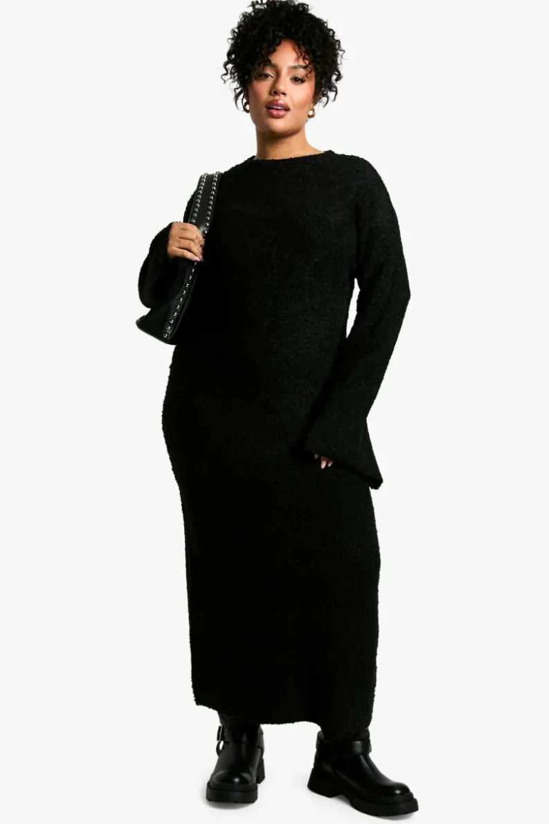 Maxi Dresses|Jumper Dresses*boohoo Plus Borg Flare Sleeve Knitted Maxi Dress black