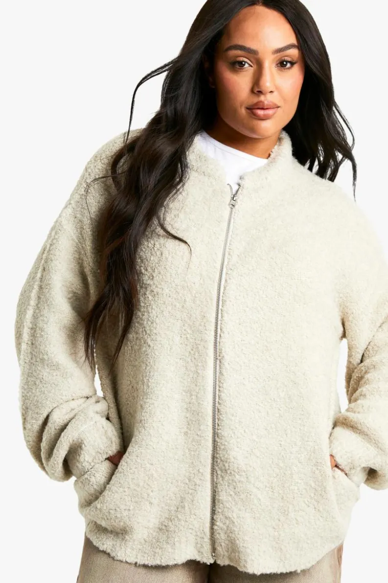 Cardigans|Jumpers & Cardigans*boohoo Plus Borg Knitted Oversized Bomber Jacket ecru