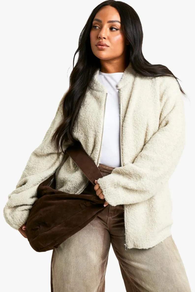 Cardigans|Jumpers & Cardigans*boohoo Plus Borg Knitted Oversized Bomber Jacket ecru