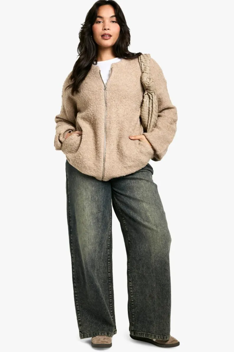 Cardigans|Jumpers & Cardigans*boohoo Plus Borg Knitted Oversized Bomber Jacket camel