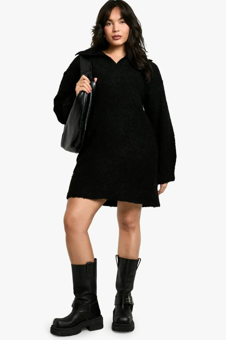 Jumper Dresses|Jumper Dresses*boohoo Plus Borg Oversized Collar Detail Mini Dress black