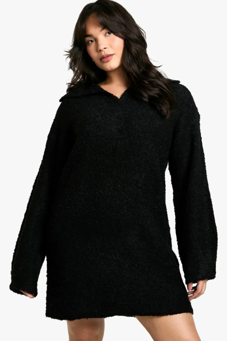 Jumper Dresses|Jumper Dresses*boohoo Plus Borg Oversized Collar Detail Mini Dress black