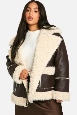 Up To 80% Off Winter Warmers|Aviator Jackets*boohoo Plus Borg Trim Jacket chocolate