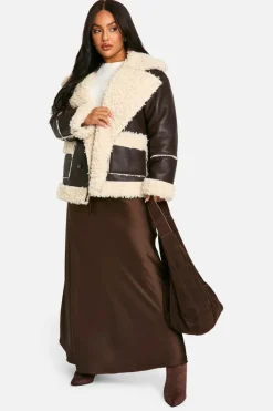 Up To 80% Off Winter Warmers|Aviator Jackets*boohoo Plus Borg Trim Jacket chocolate