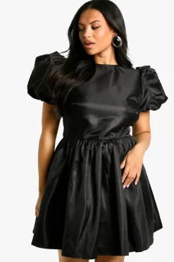 Skater Dresses*boohoo Plus Bow Back Puff Sleeve Smock Dress black